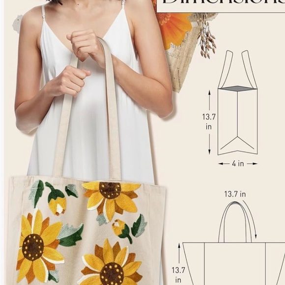 Sunflower Embroidered Canvas Tote Bag - Picture 2 of 8